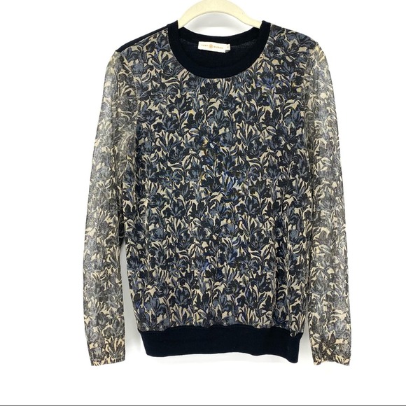 Tory Burch Sweaters - Tory Burch Black Honour Metallic Floral Print Merino Wool Knit Sweater Sz S